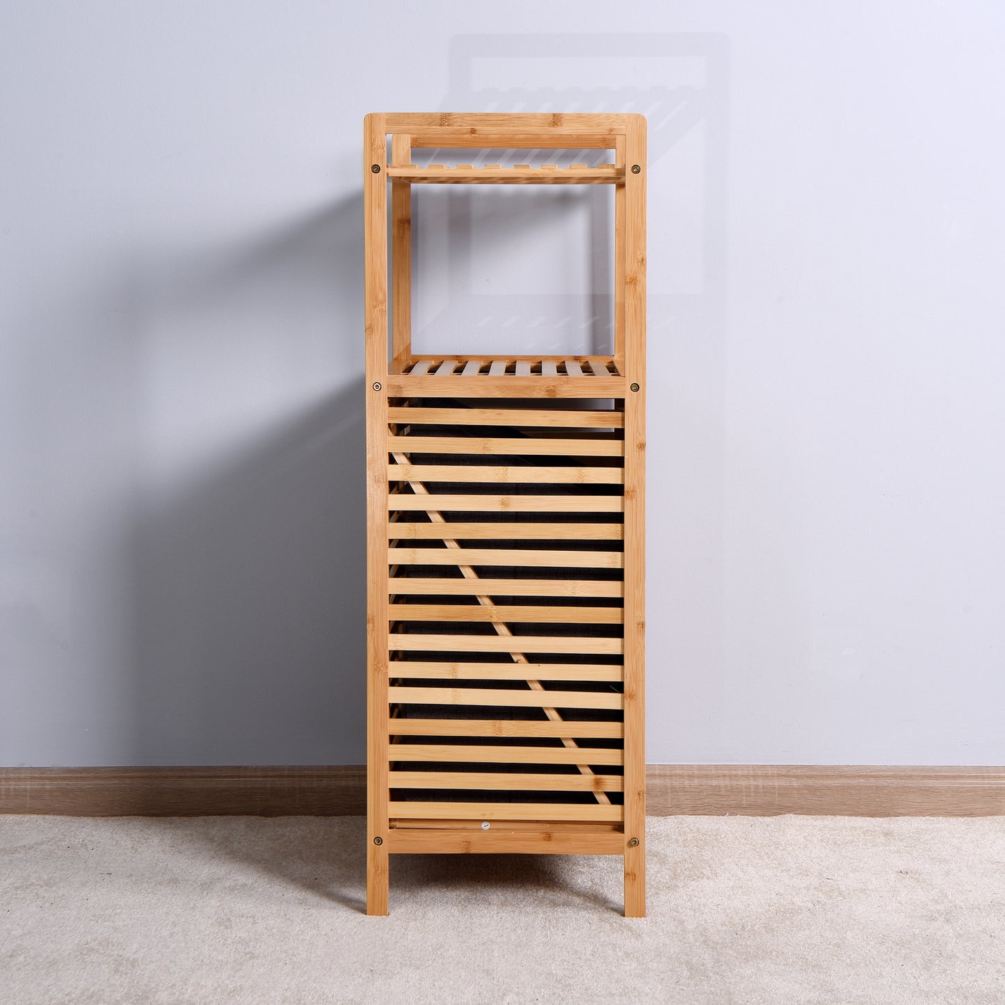 Natural bamboo bathroom shelf with slatted sides for ventilation