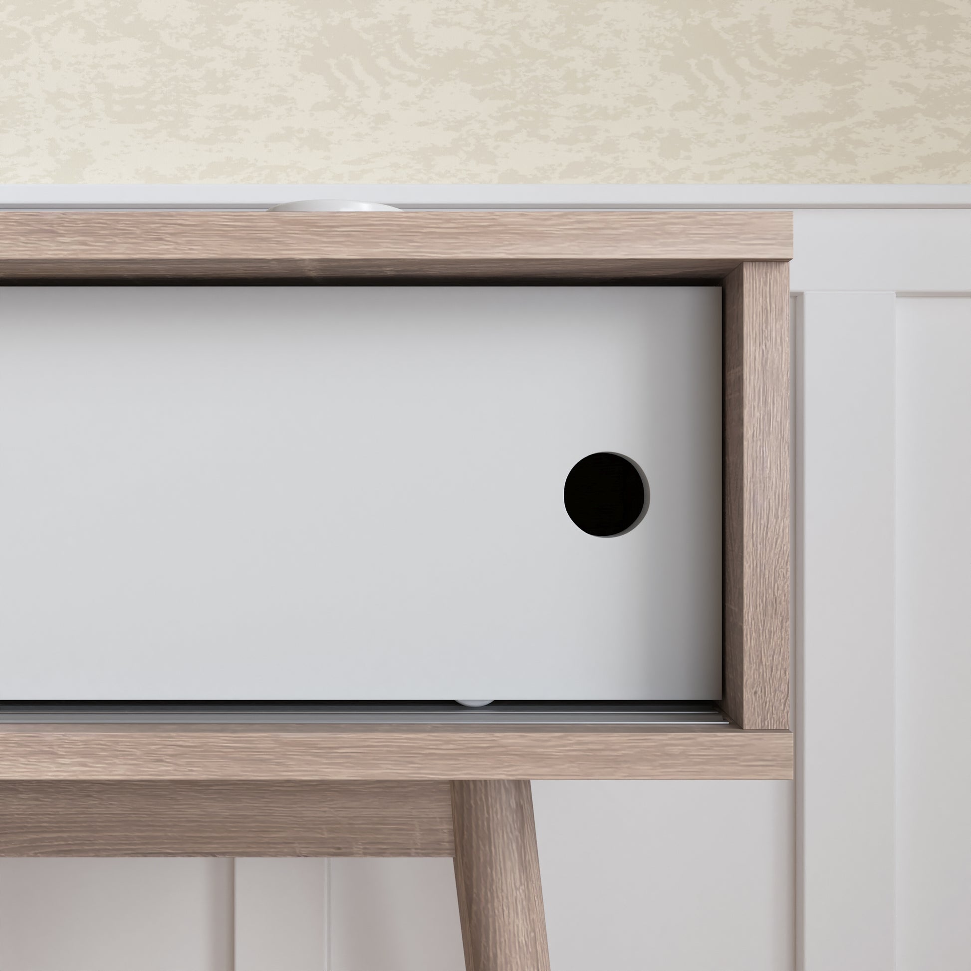 Modern white cabinet with wooden trim and round handle ideal for living room storage