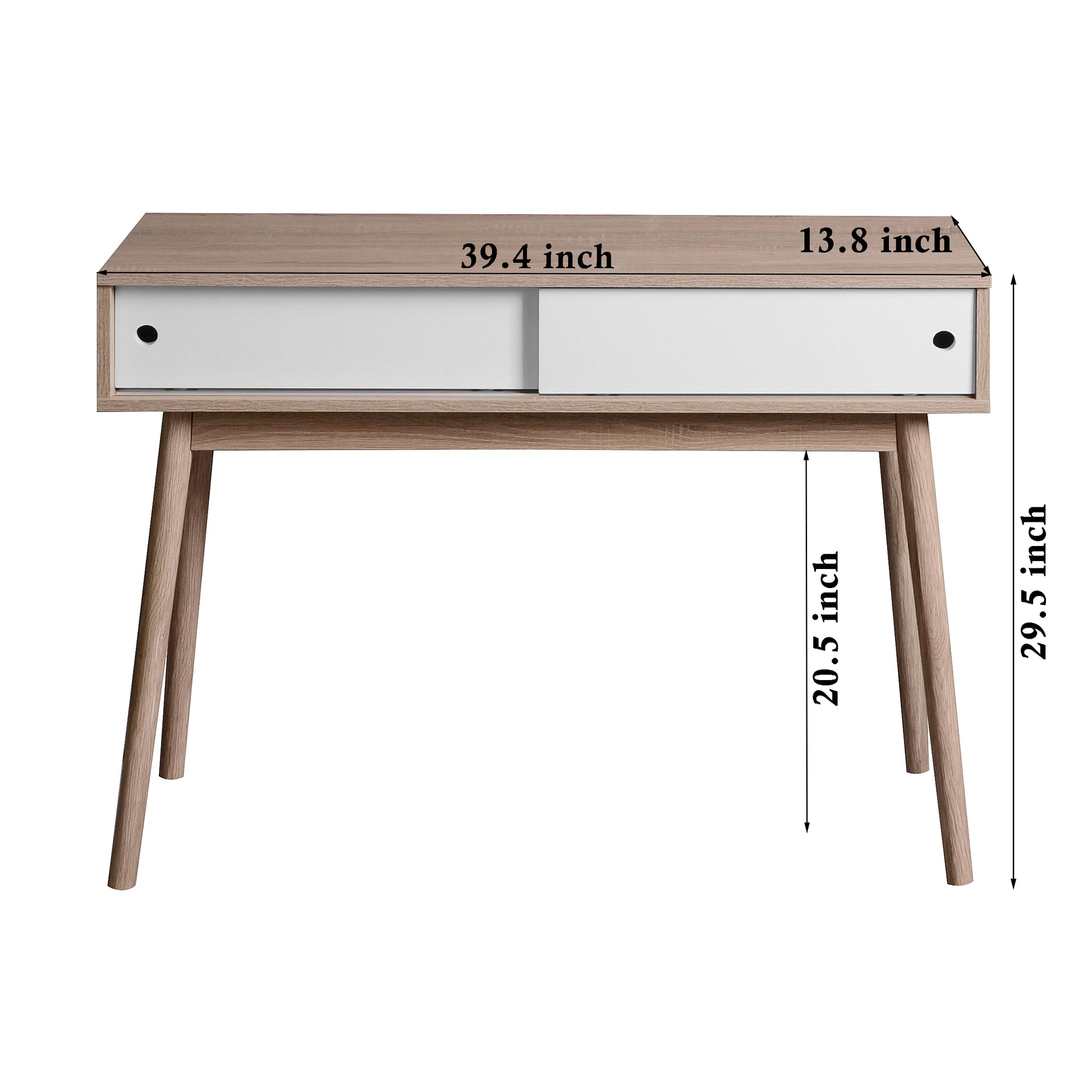 Midcentury modern desk with white sliding drawers and light oak finish