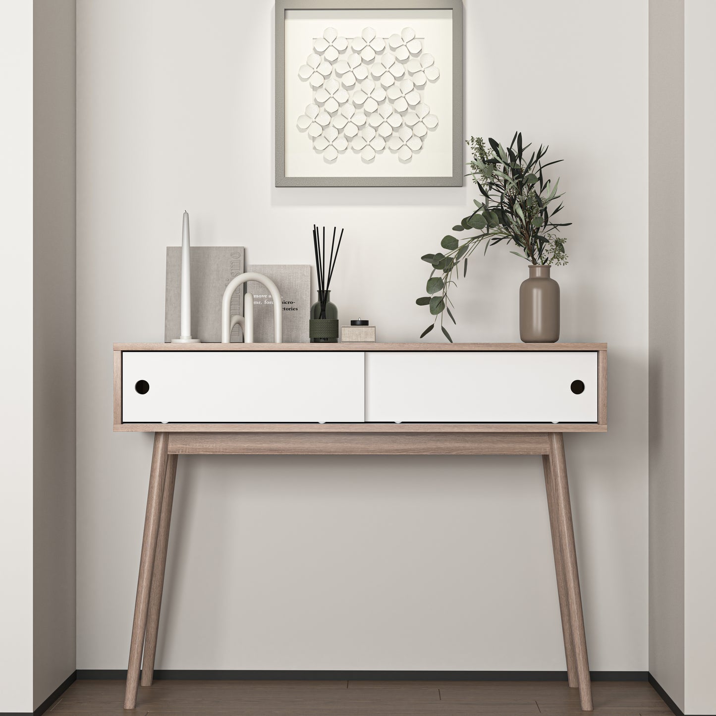 Modern light oak console table with white drawers featuring midcentury modern tapered legs