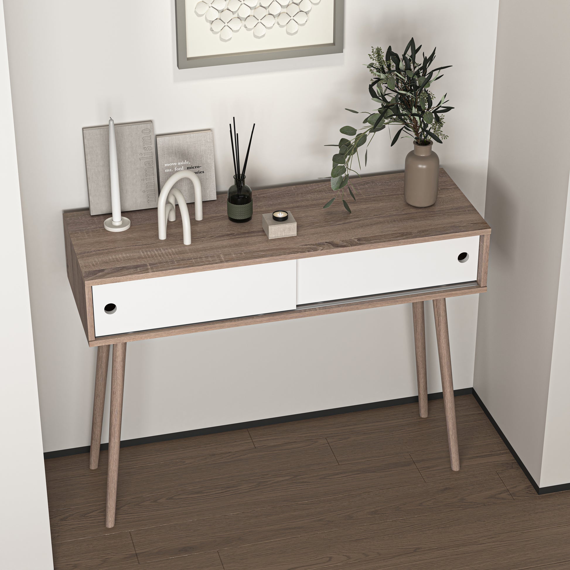 Midcentury modern console table with two white drawers and wooden legs