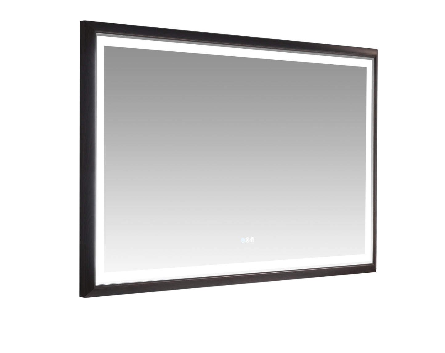 Modern rectangular bathroom mirror with integrated LED lighting and dark wood frame