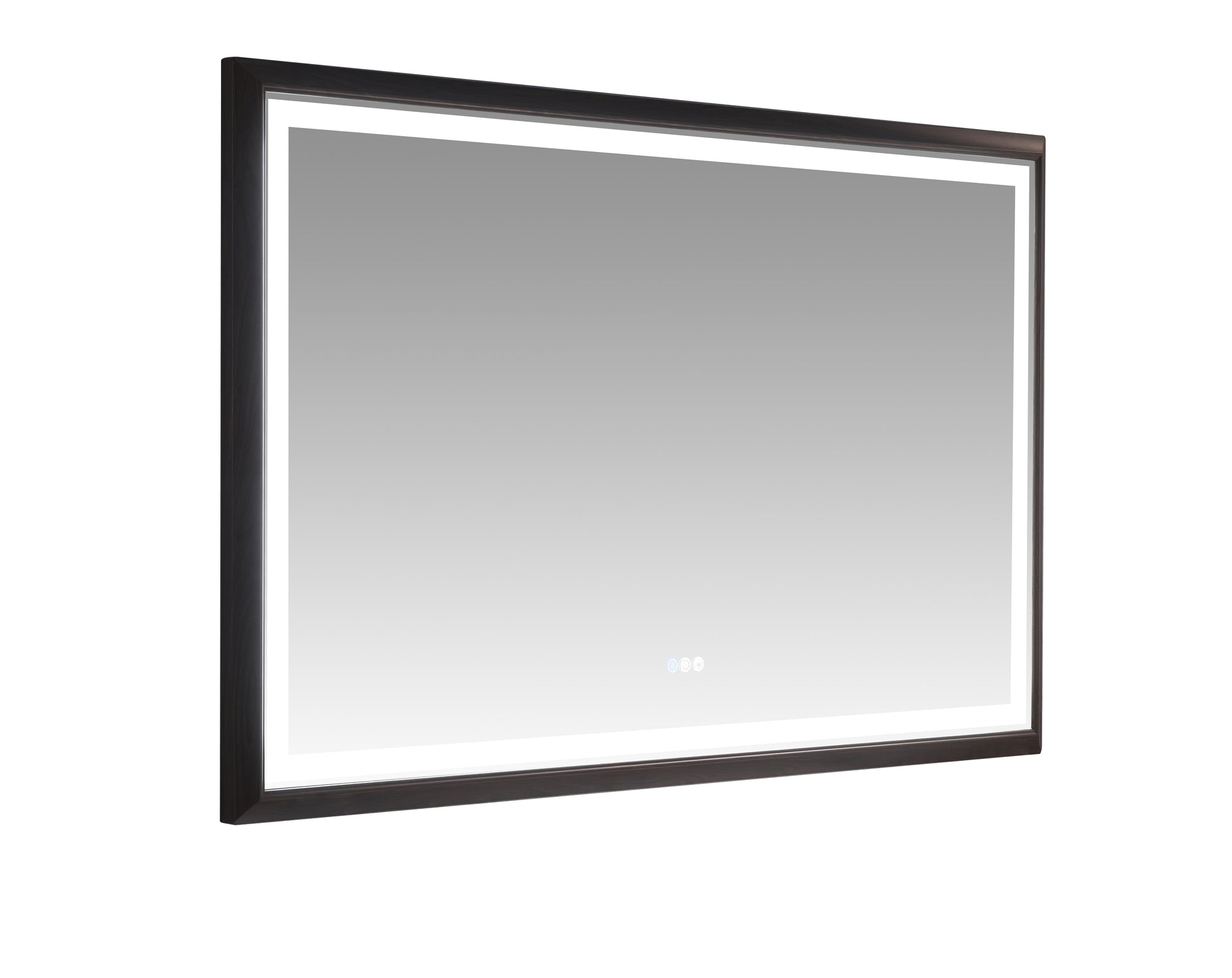 Modern rectangular bathroom mirror with integrated LED lighting and dark wood frame