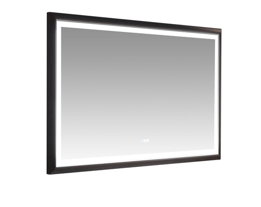 Modern rectangular bathroom mirror with integrated LED lighting and dark wood frame