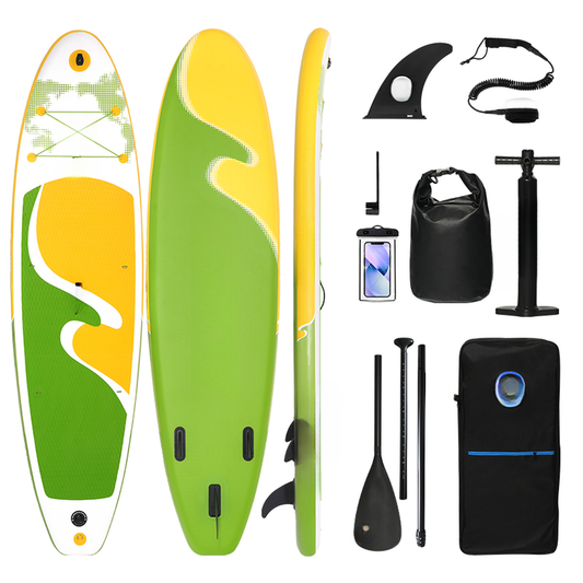 Inflatable stand up paddleboard set in green and yellow with paddle fin pump and bag