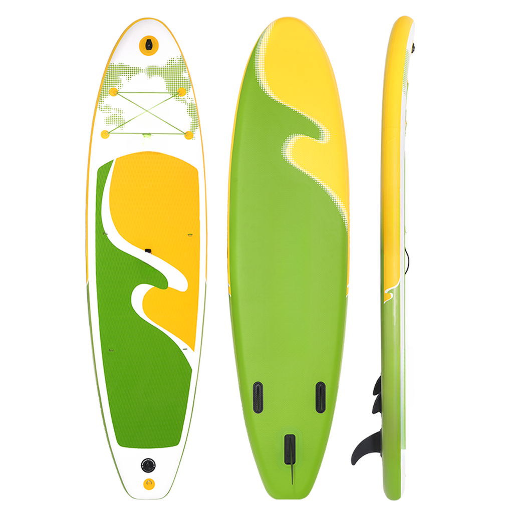Inflatable stand up paddleboard with green and yellow abstract design perfect for water sports