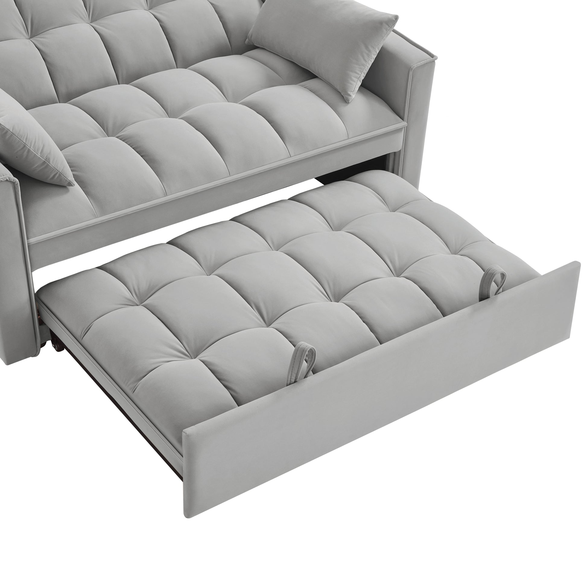 Light gray velvet sofa bed with tufted cushions and pullout mattress