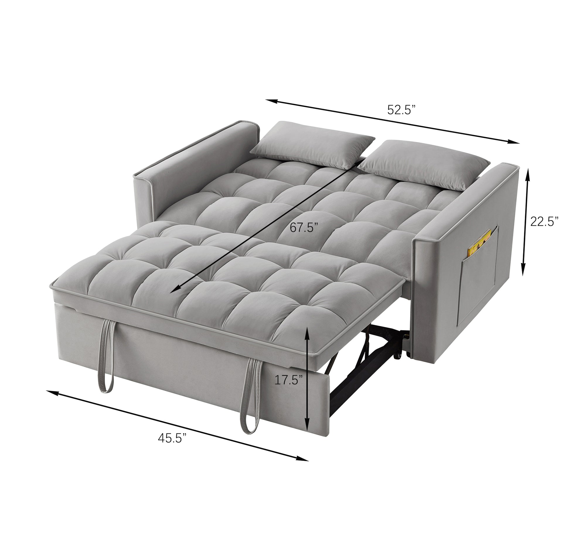 Grey velvet sofa bed with tufted cushions and two pillows ideal for small apartments
