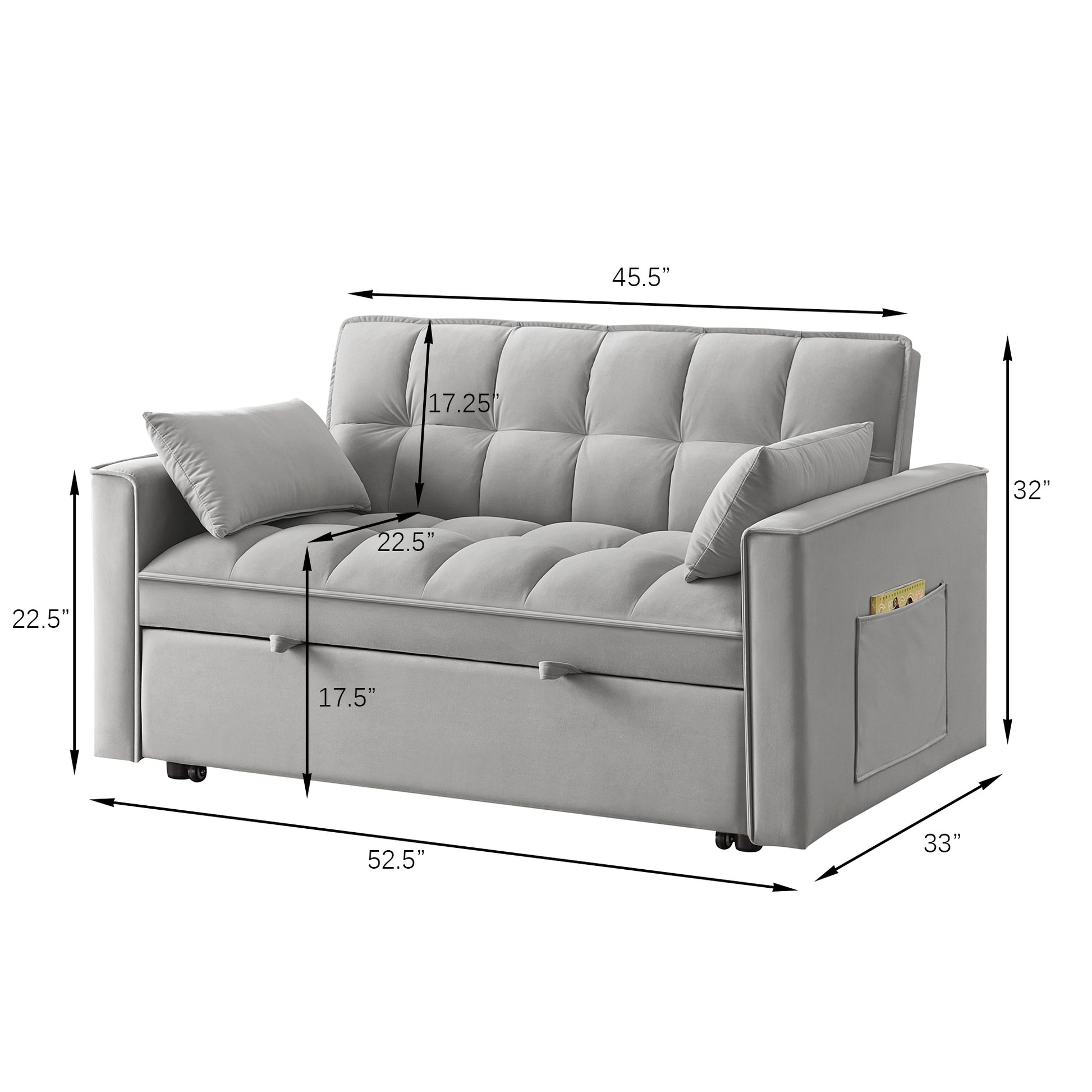 Tufted grey velvet sofa with hidden storage compartment and side pocket dimensions shown