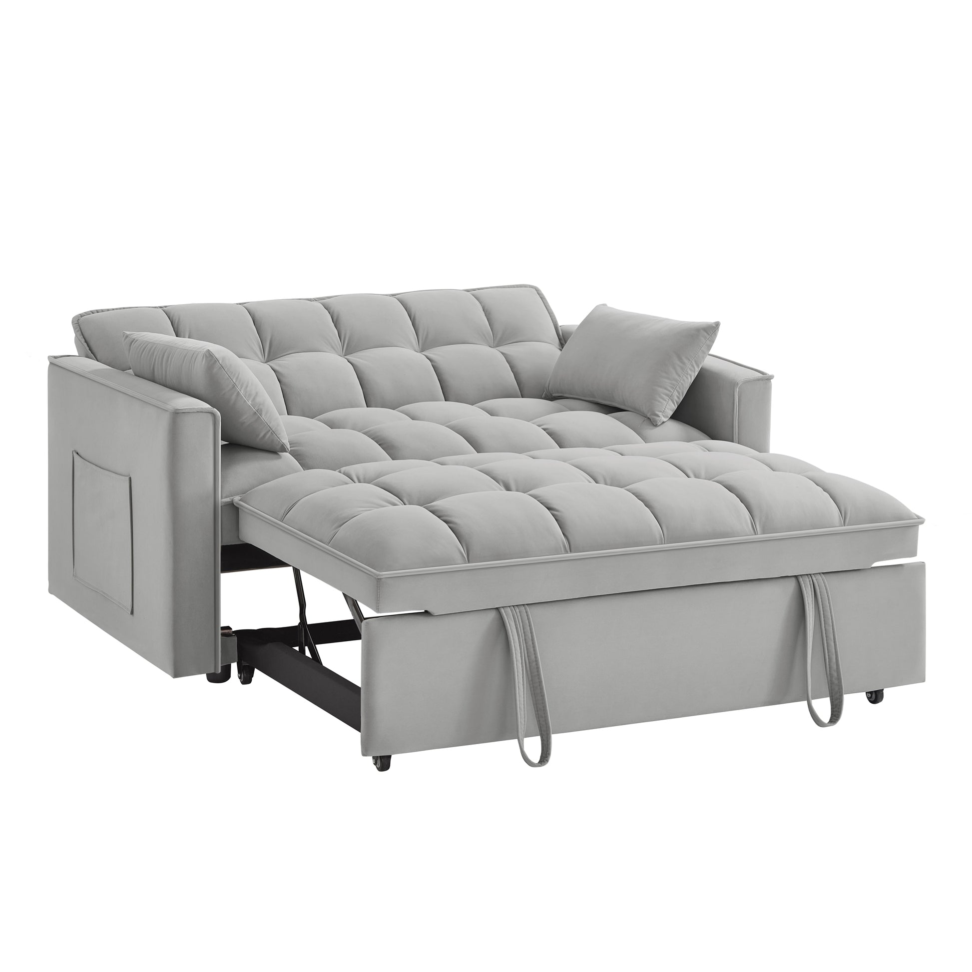 Light gray velvet sofa bed with tufted cushions and pullout mattress extension