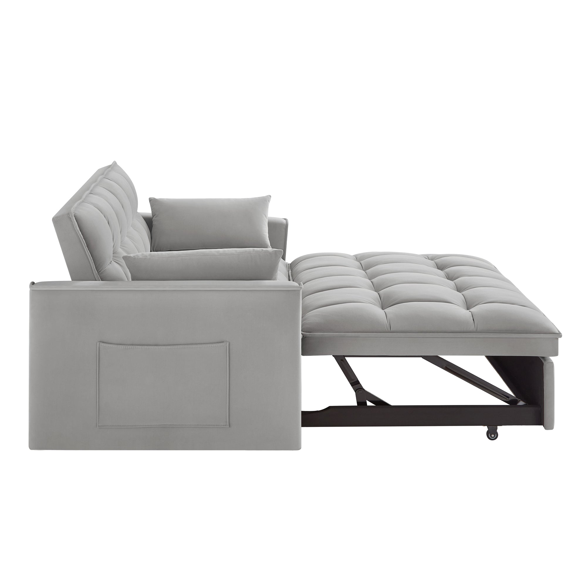 Gray velvet sofa bed with tufted backrest and pullout ottoman