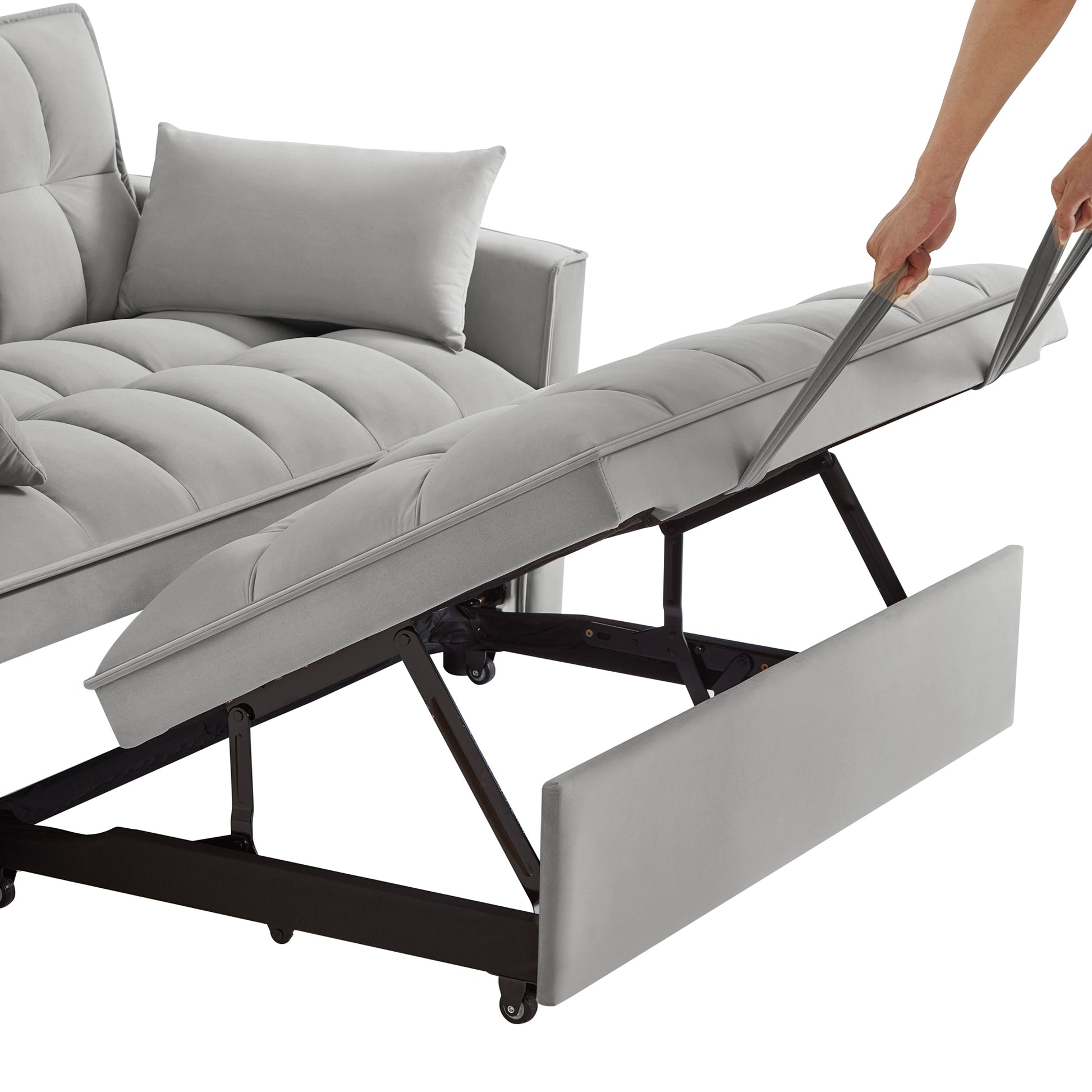 Grey velvet sleeper sofa with pullout bed mechanism perfect for small spaces