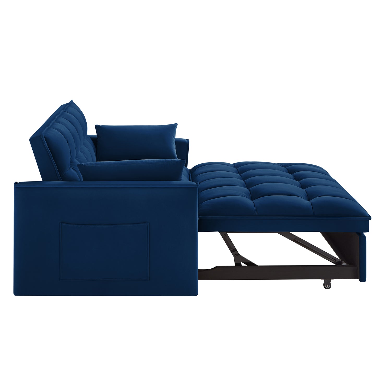 Deep blue velvet sofa bed with tufted mattress and storage pocket