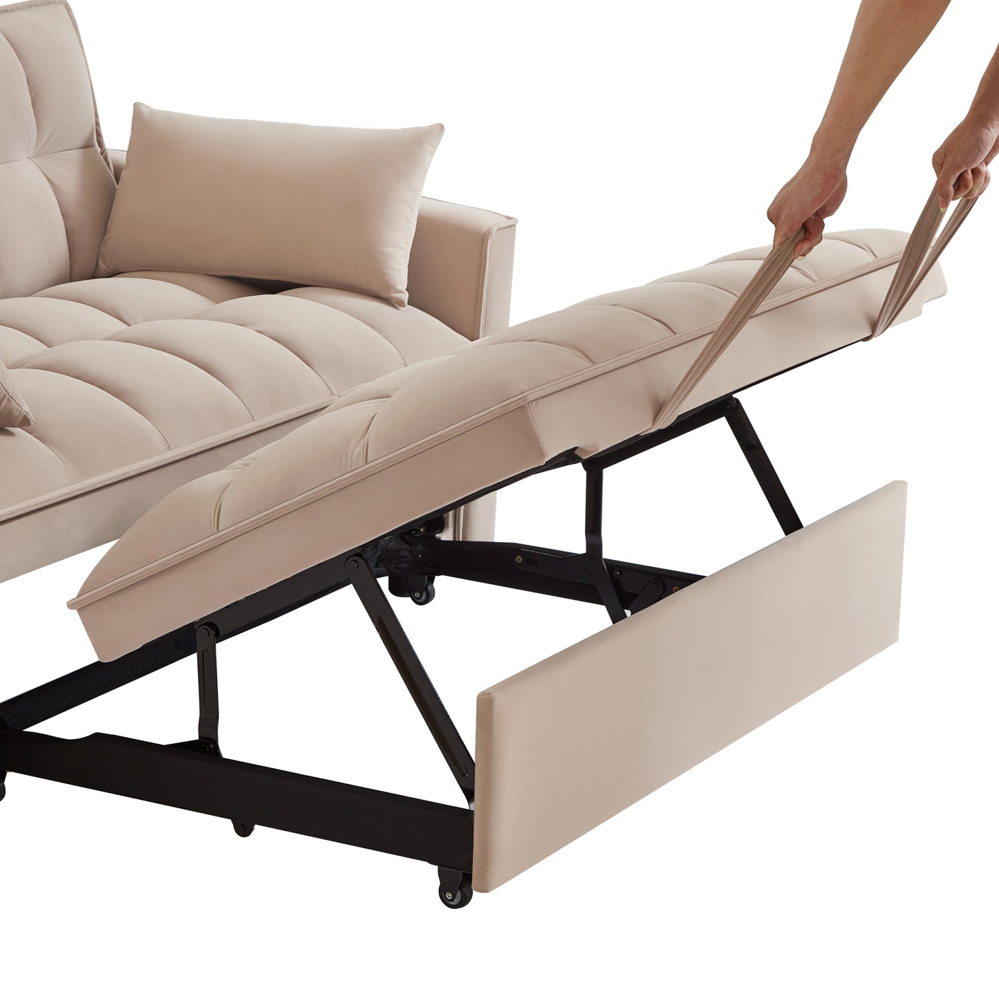 Beige upholstered sofa bed with pullout mattress mechanism