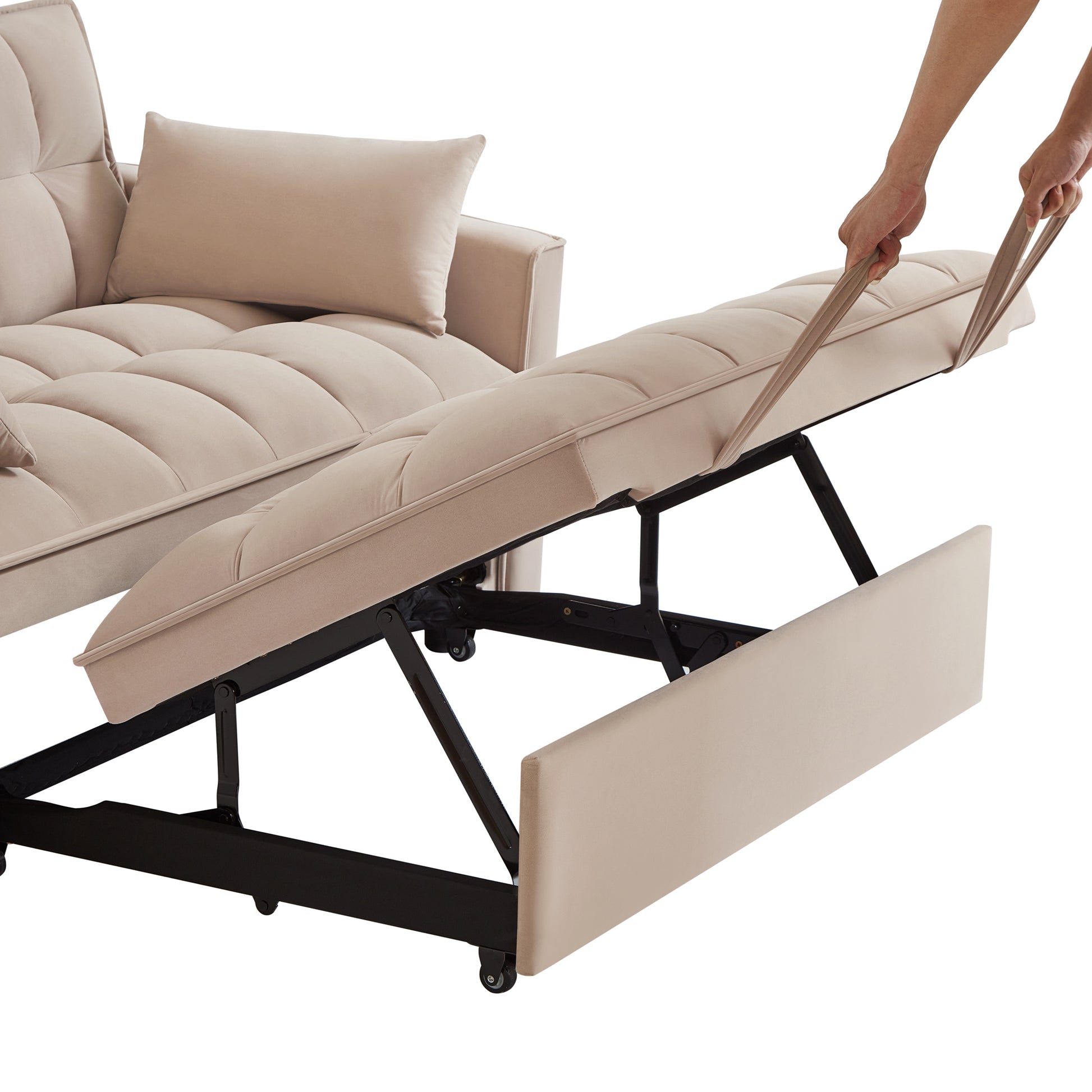 Beige upholstered sofa bed with pullout mattress mechanism