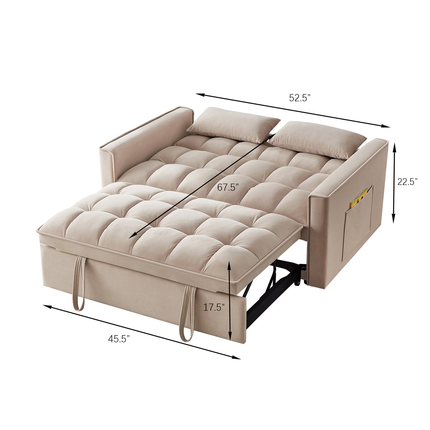 Beige velvet convertible sofa bed with tufted cushions and included pillows  bed width