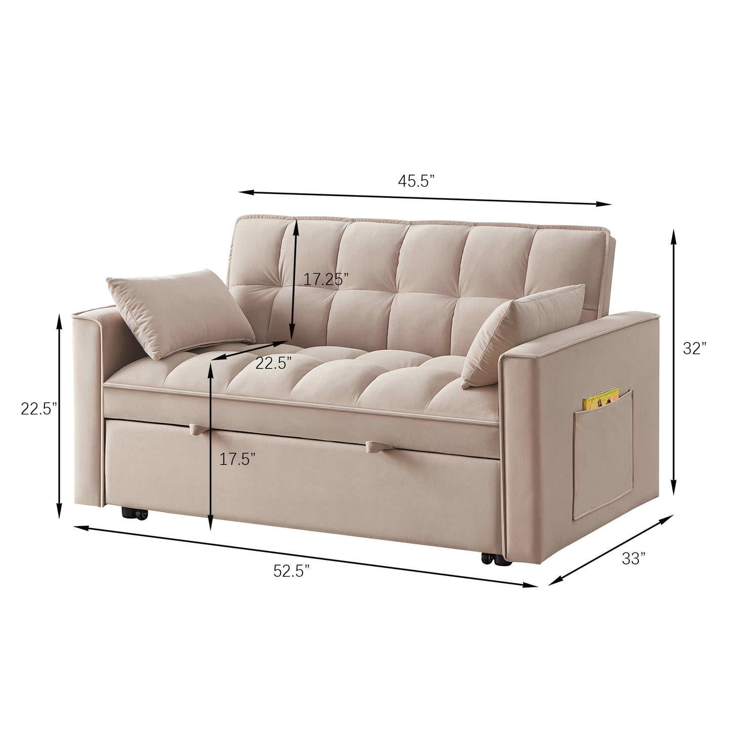 Beige velvet convertible sofa bed with tufted cushions and side storage pockets