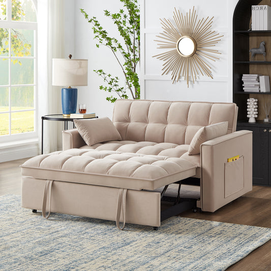 Beige velvet sofa bed with tufted cushions partially extended for sleeping