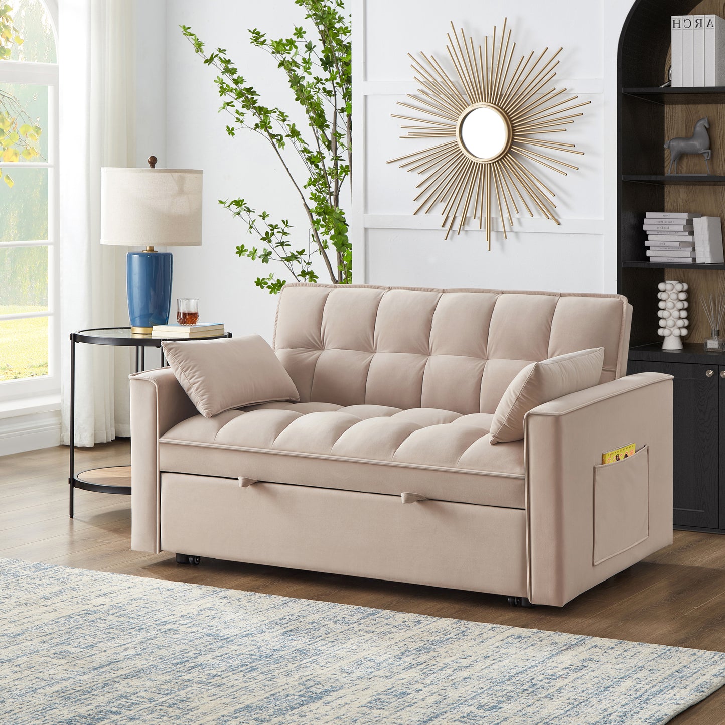 Tufted beige velvet sofa bed with integrated side pocket and pullout drawer