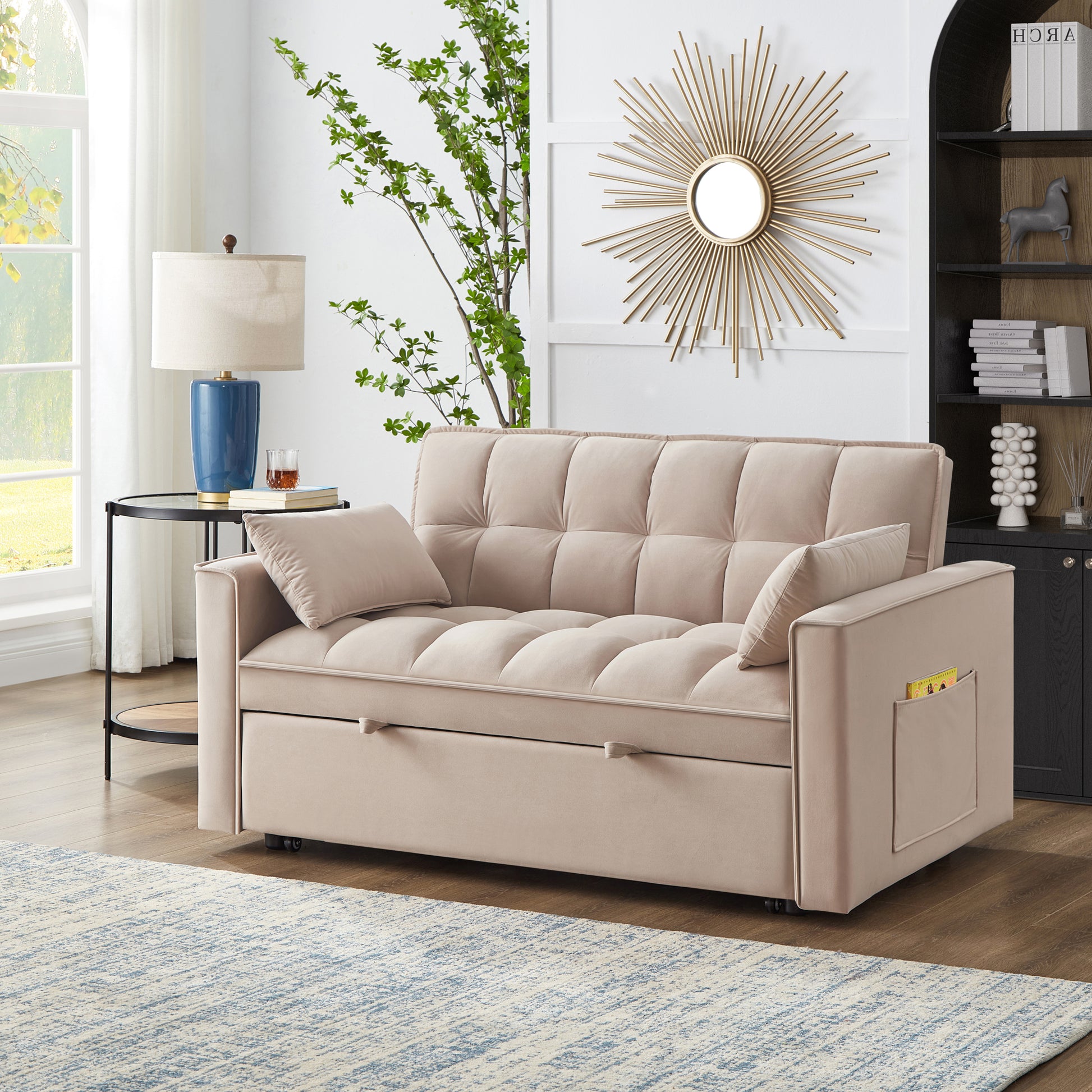 Tufted beige velvet sofa bed with integrated side pocket and pullout drawer