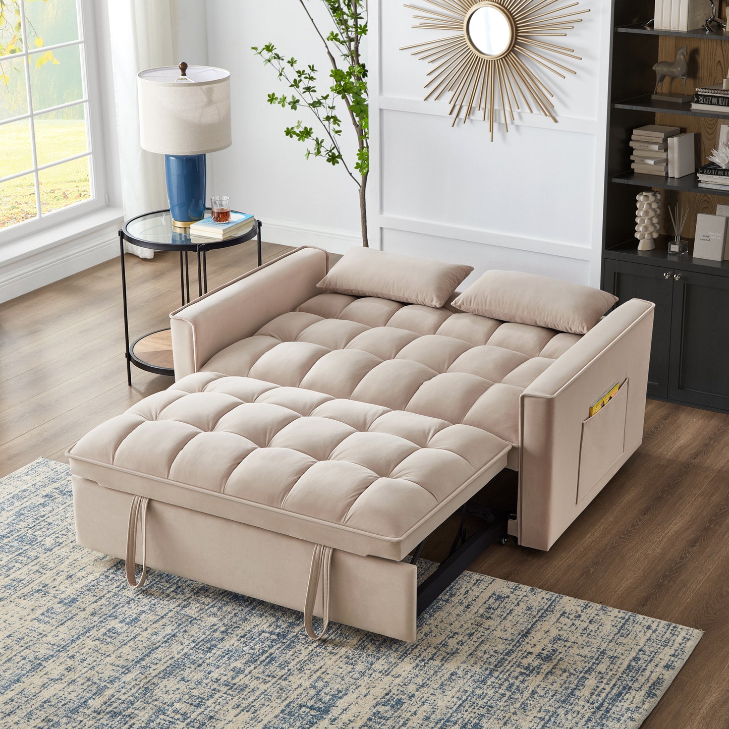 Beige velvet tufted sofa bed with pullout mattress ideal for small spaces