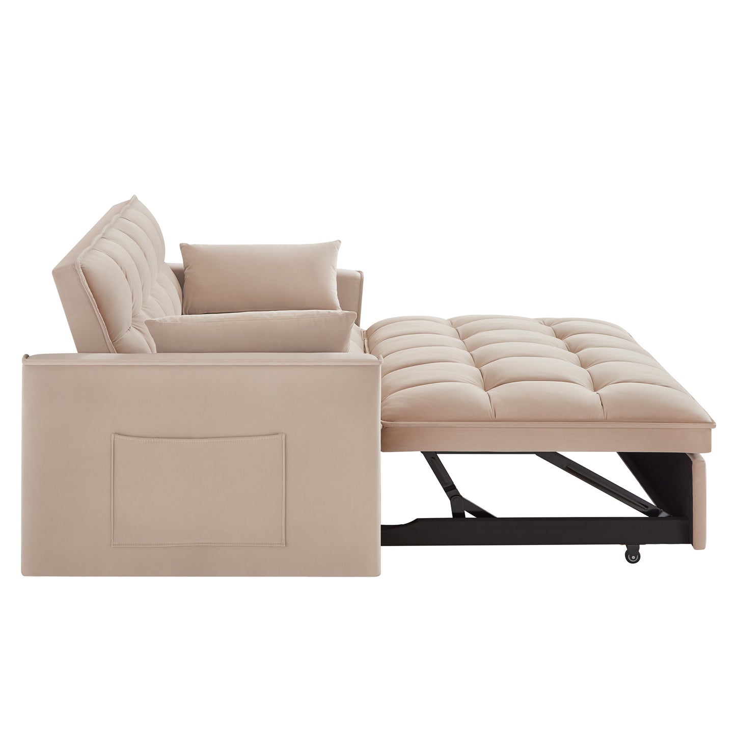 Beige velvet sofa bed with tufted cushions and pullout mattress section for comfort