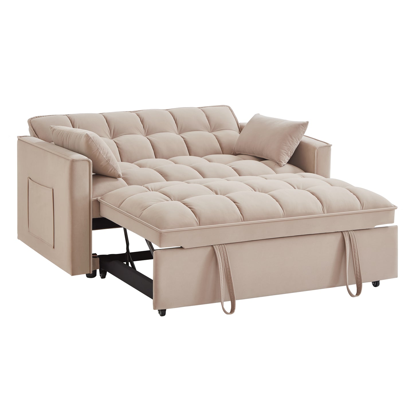 Beige velvet sofa bed with tufted cushions and pullout mattress ideal for small spaces