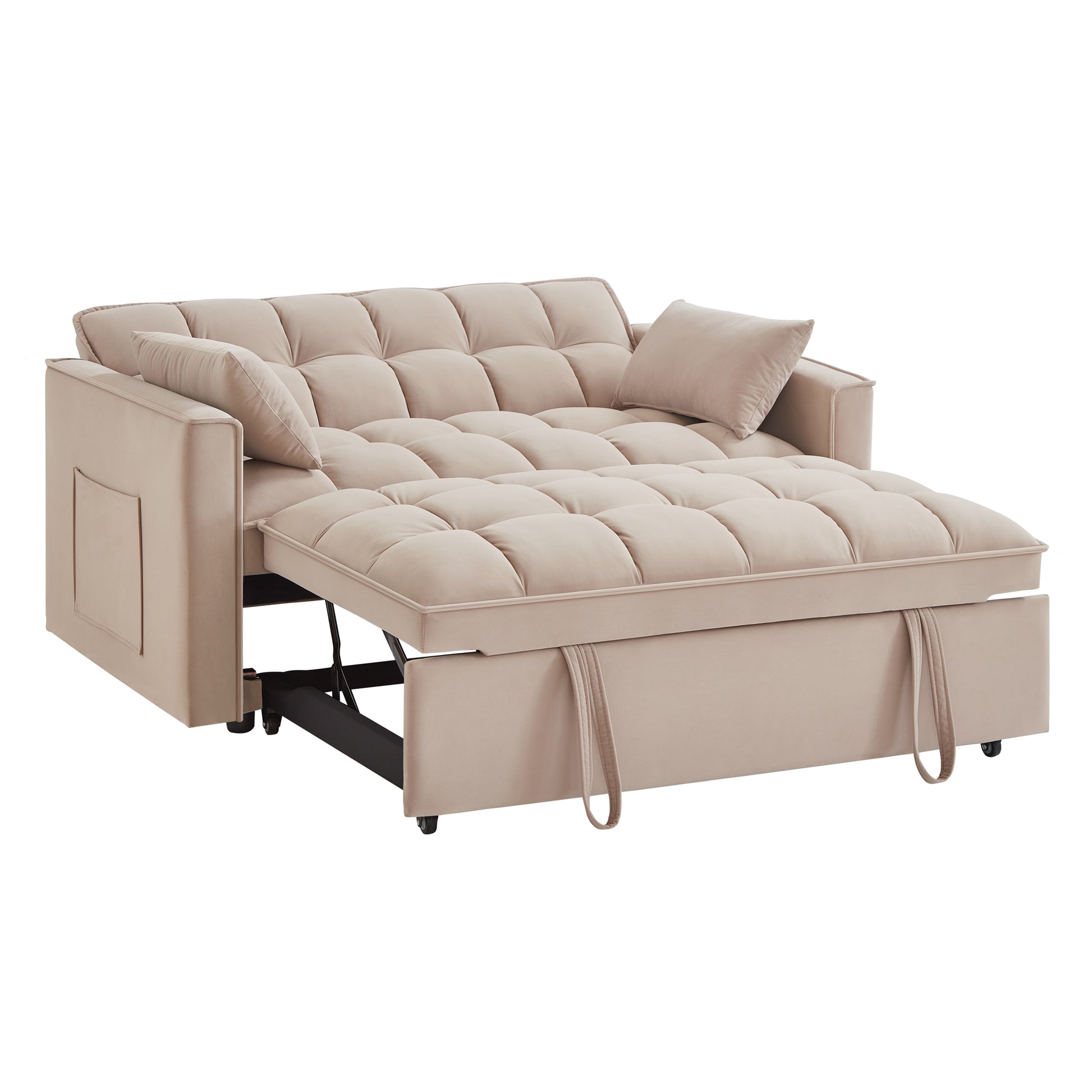 Beige velvet sofa bed with tufted cushions and pullout mattress ideal for small spaces