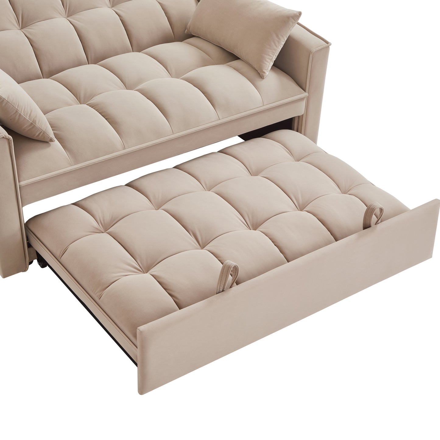 Beige tufted velvet sofa with pullout bed extended perfect for small spaces