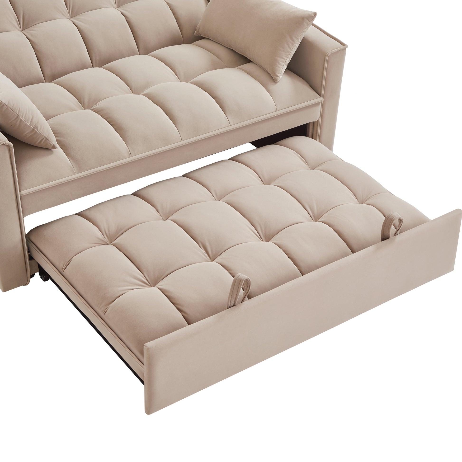 Beige tufted velvet sofa with pullout bed extended perfect for small spaces