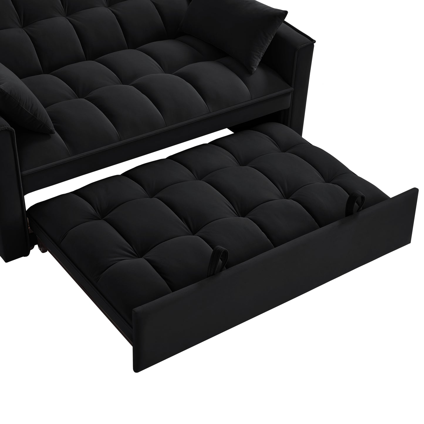 Black velvet futon sofa with tufted cushions and pullout bed