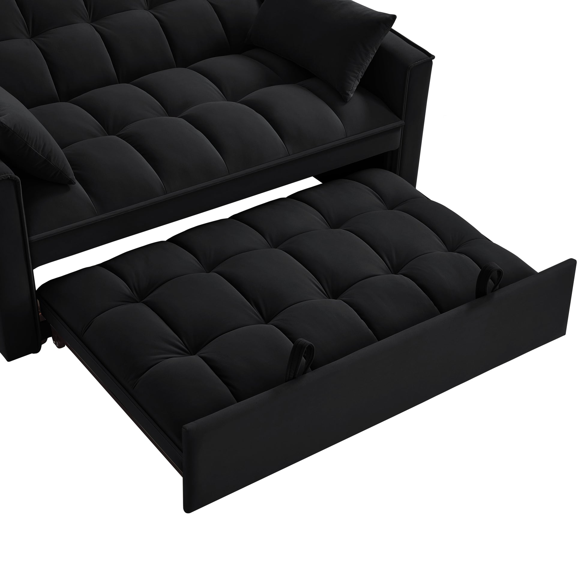 Black velvet futon sofa with tufted cushions and pullout bed