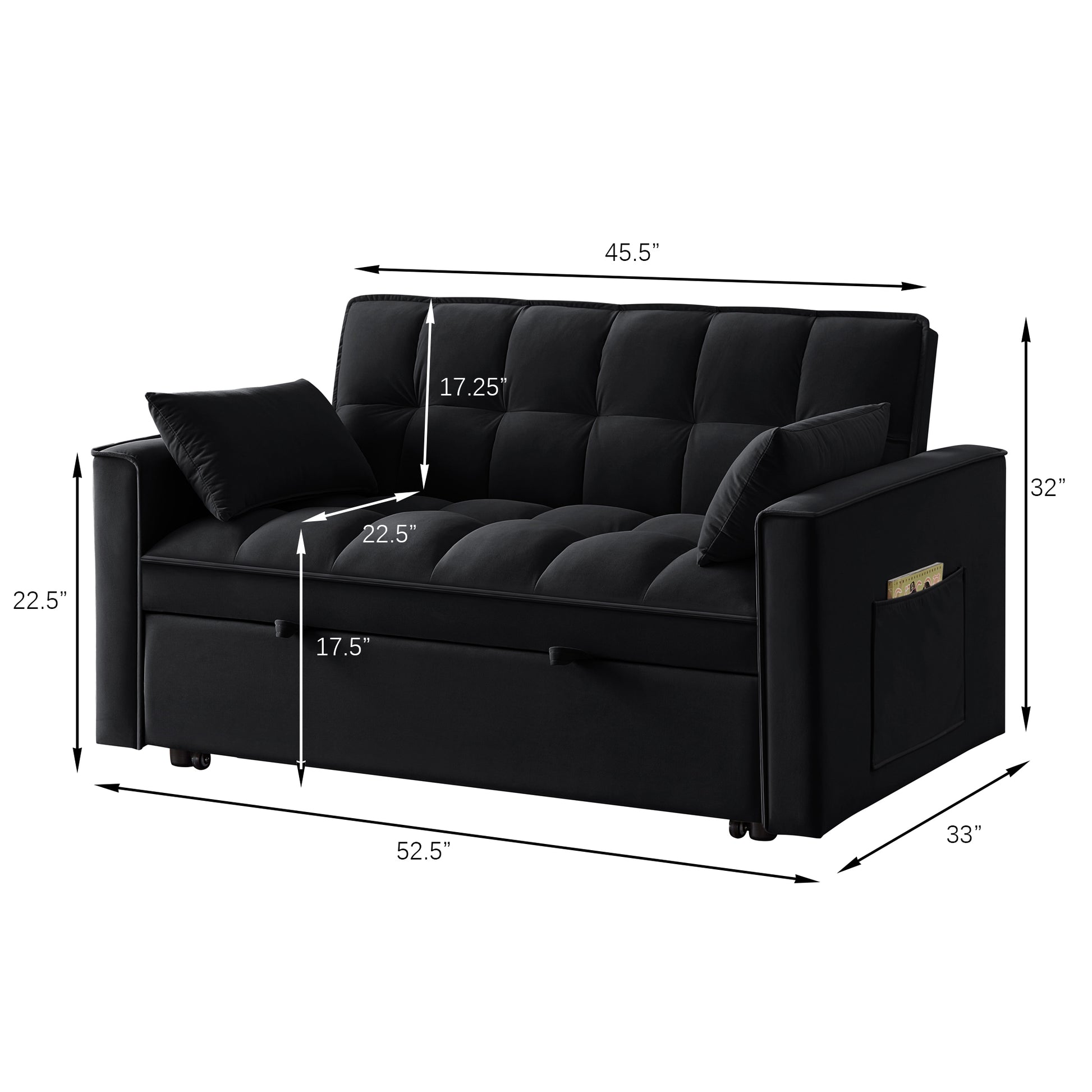 Black velvet sofa bed with tufted cushions side storage pocket and dimensions labeled