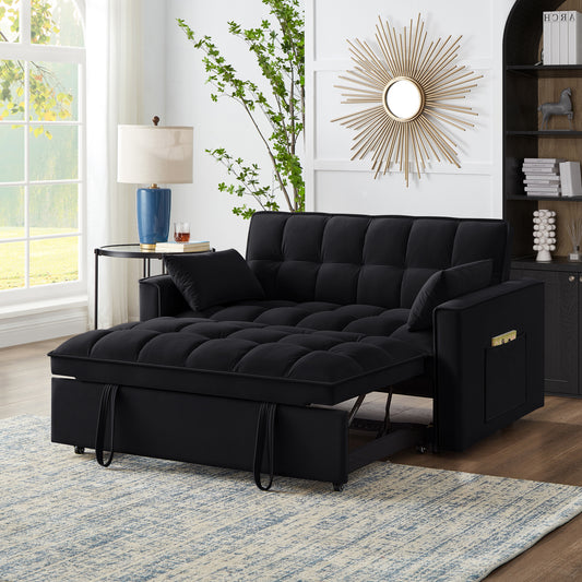 Black velvet sofa bed with tufted cushions pulled out for sleeping convenience