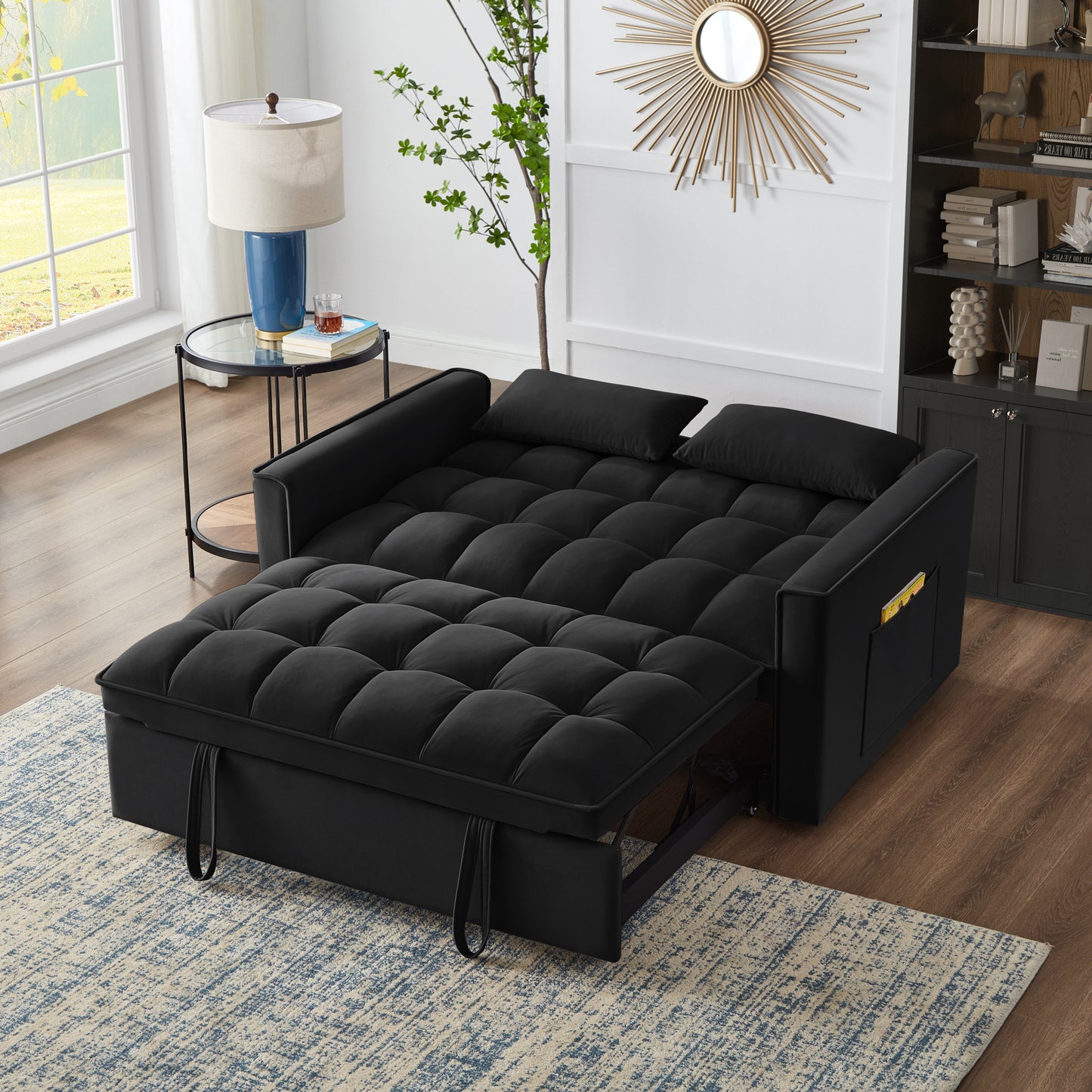 Black tufted convertible sofa bed with pullout ottoman for small spaces