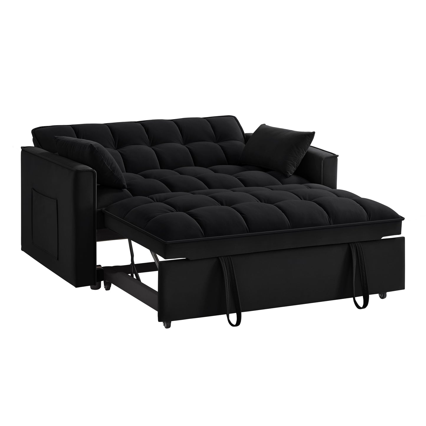 Black velvet pullout sofa bed with tufted cushions and two throw pillows