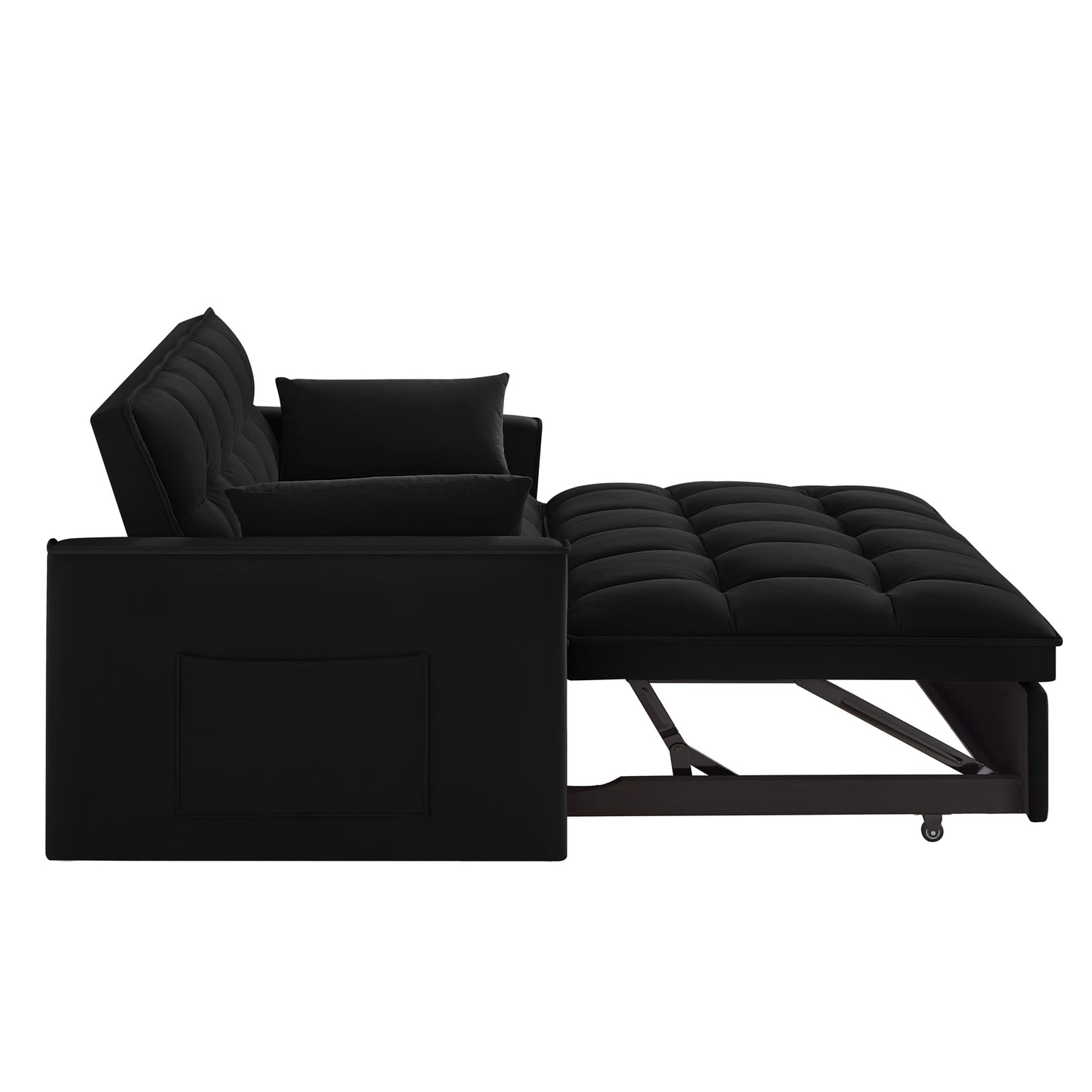 Black tufted convertible sofa bed with pullout extension and storage pocket