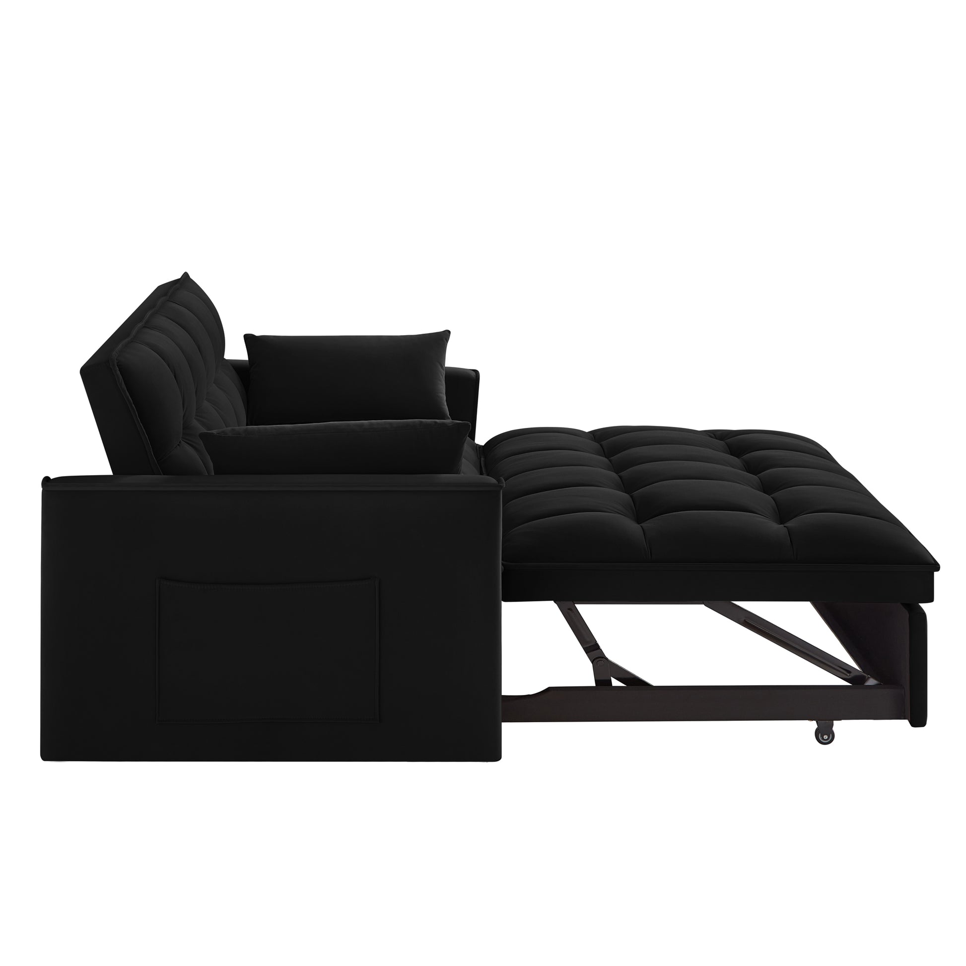 Black tufted convertible sofa bed with pullout extension and storage pocket