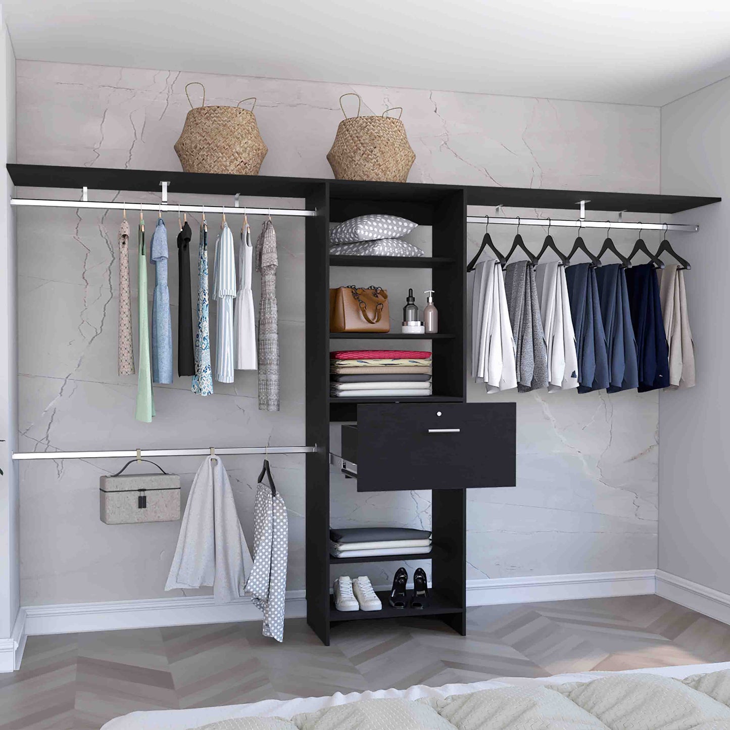 Black modular closet system with hanging clothes and stacked linens