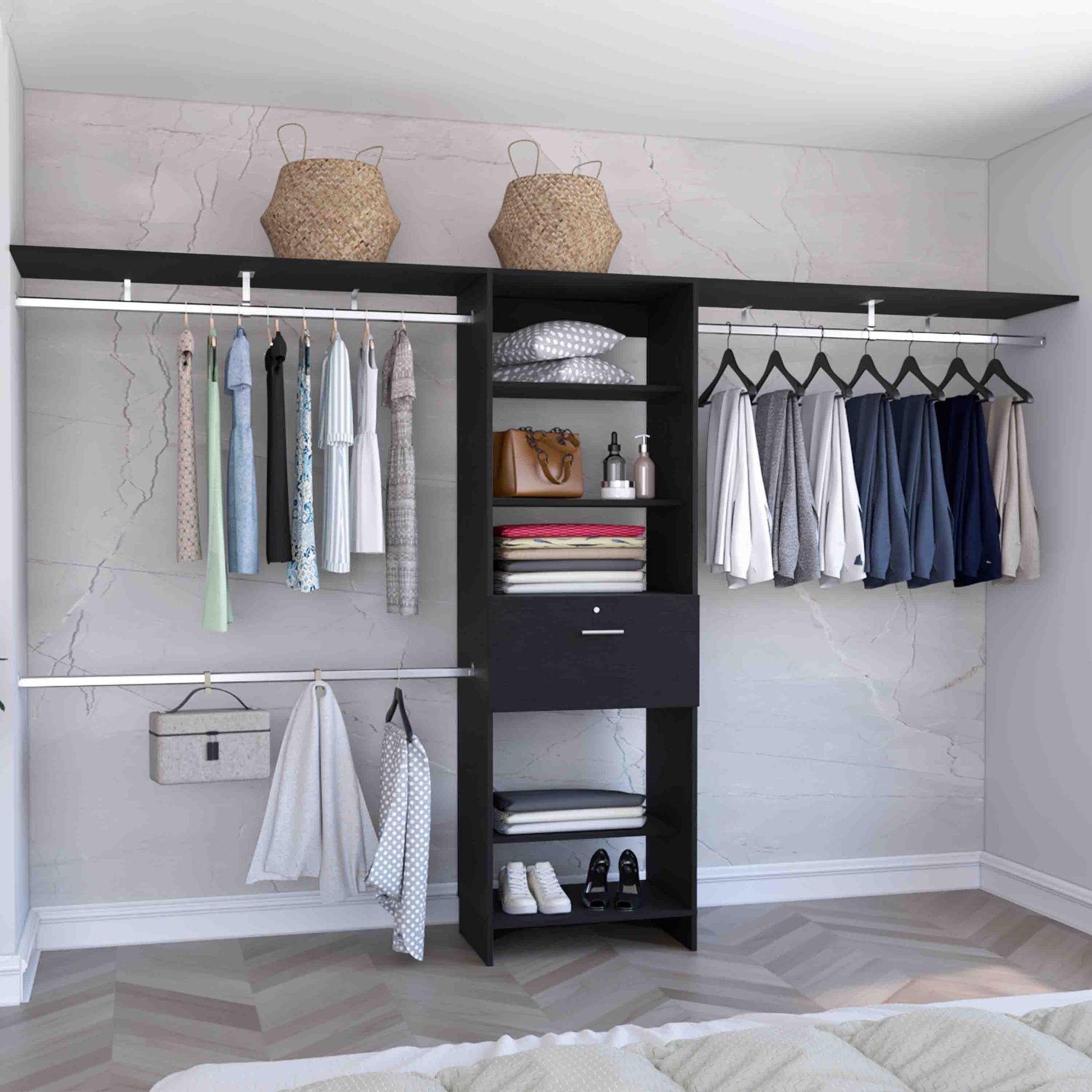 Black modular closet system with hanging clothes and storage shelves