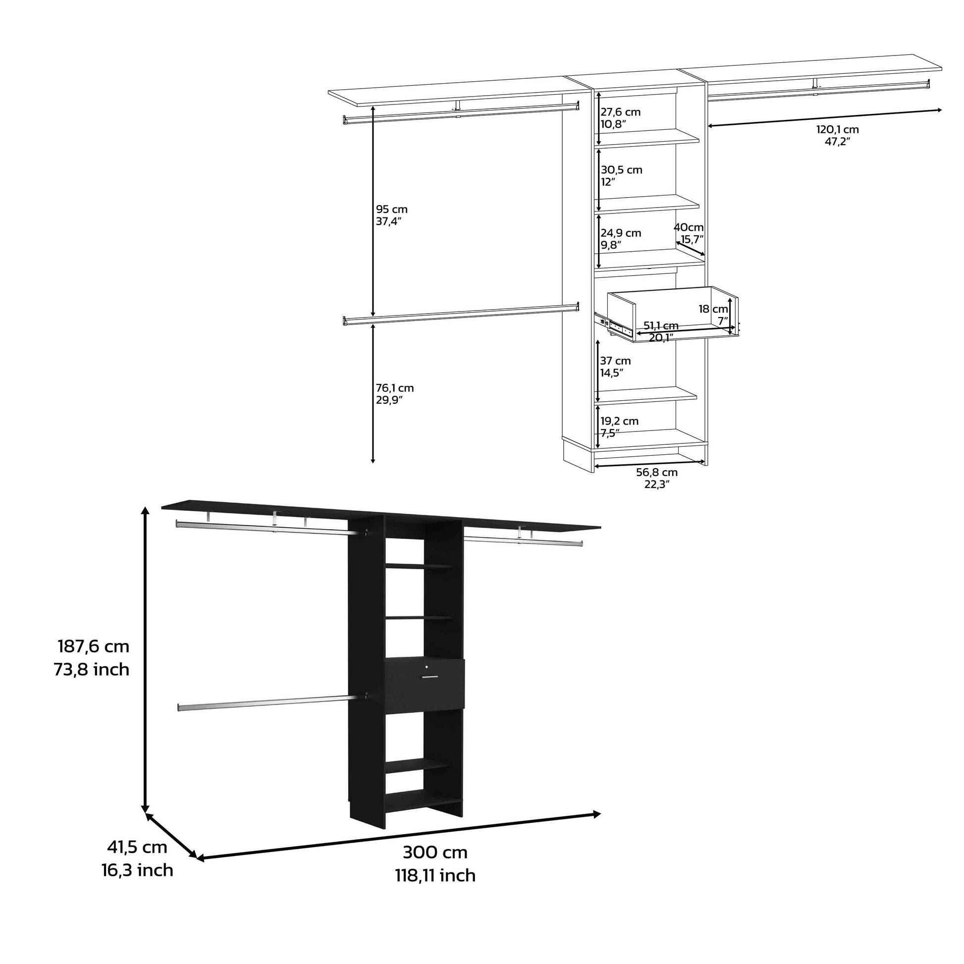 Black modular closet system with multiple shelves and drawers