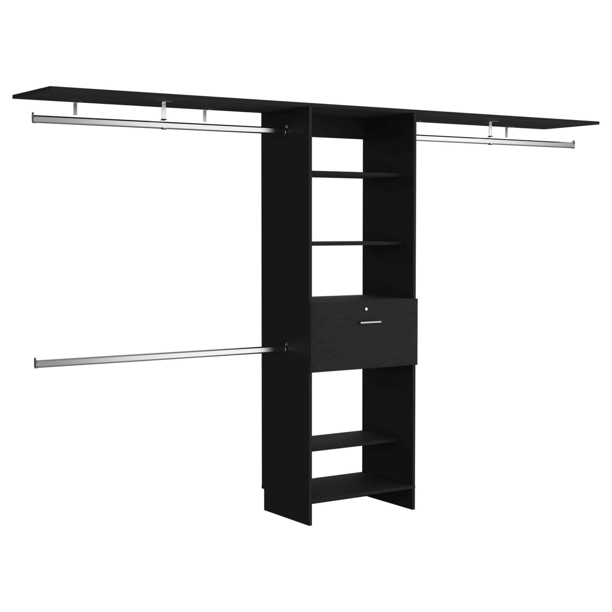 Black modular closet organizer with shelves and hanging rods
