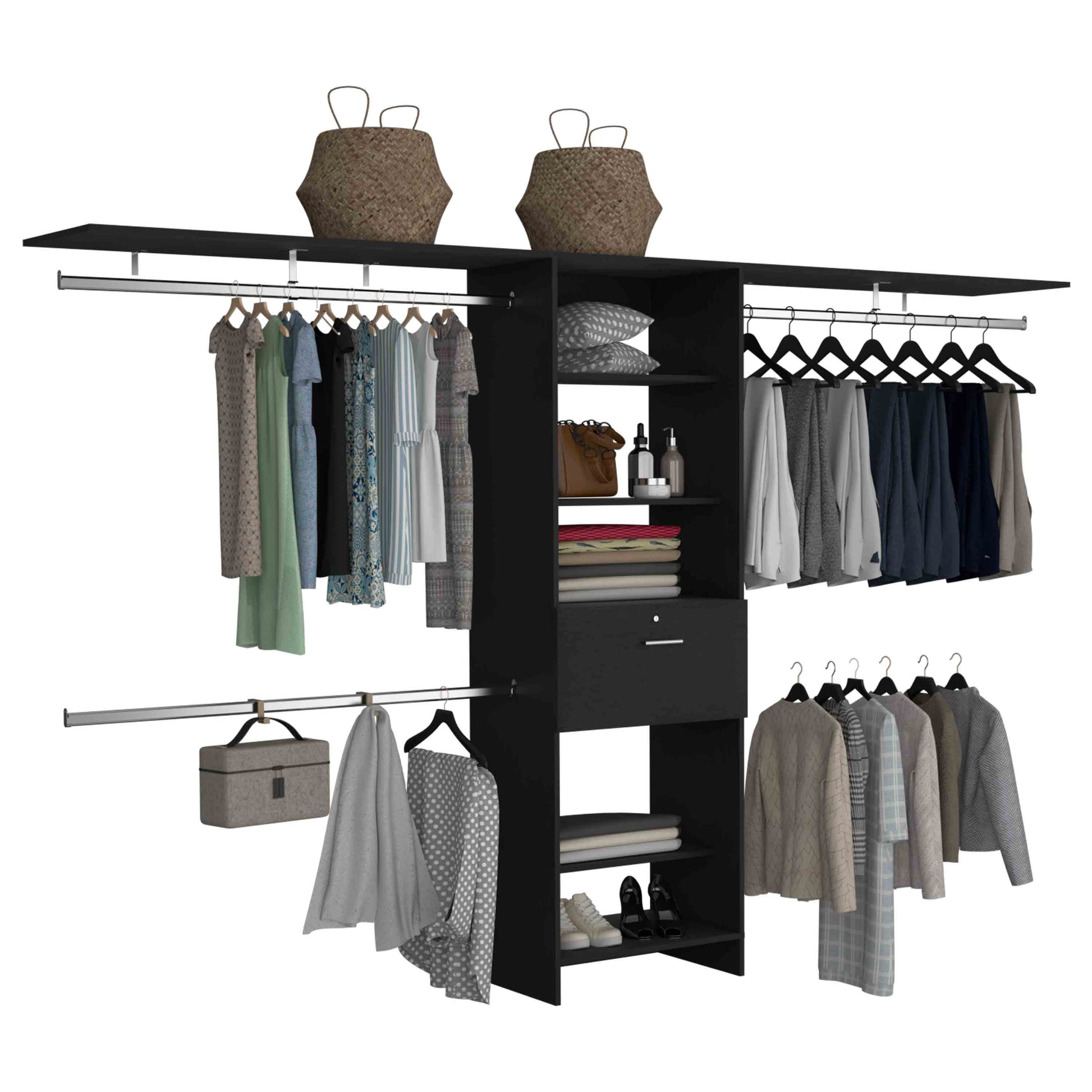Black modular closet organizer with hanging clothes and shelves