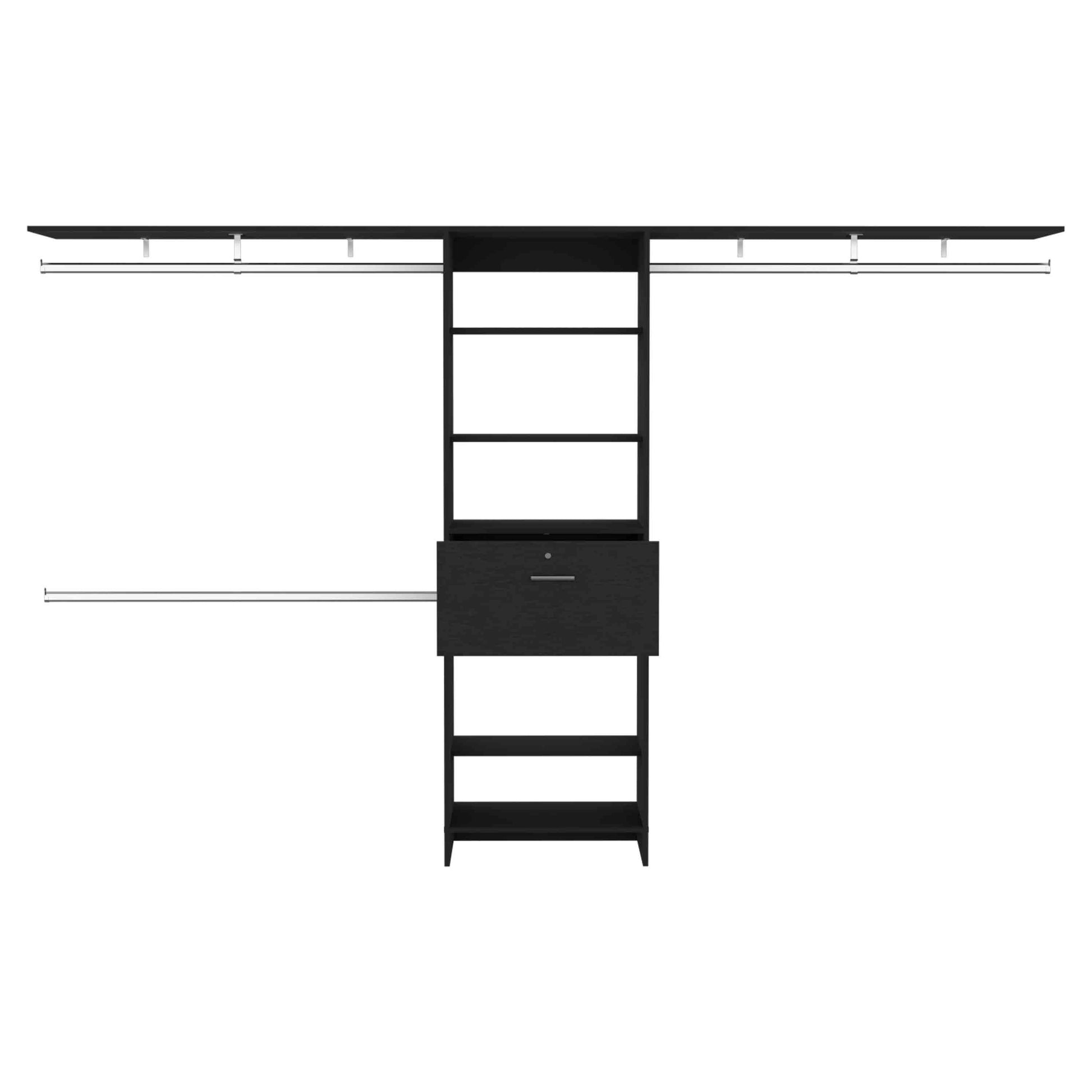 Black wood closet organizer with drawers and shelves