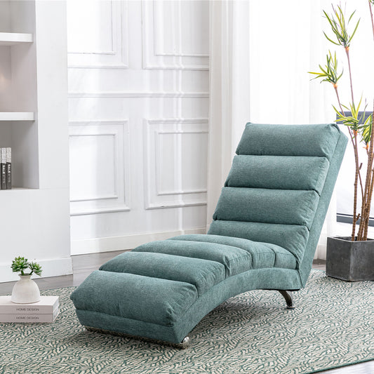Teal linen upholstered chaise lounge with tufted back and seat
