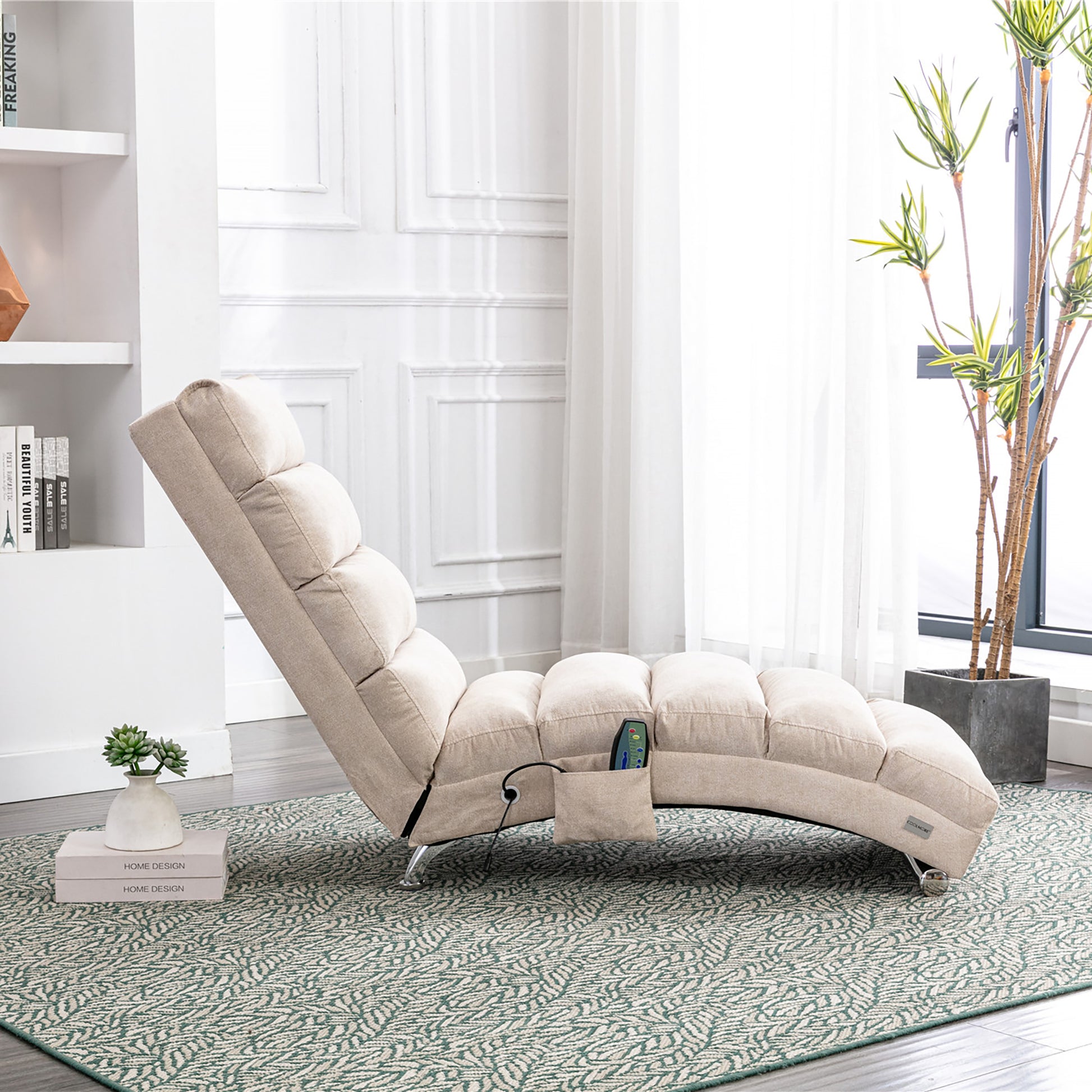 Comfortable beige upholstered chaise lounge with adjustable backrest and side pocket