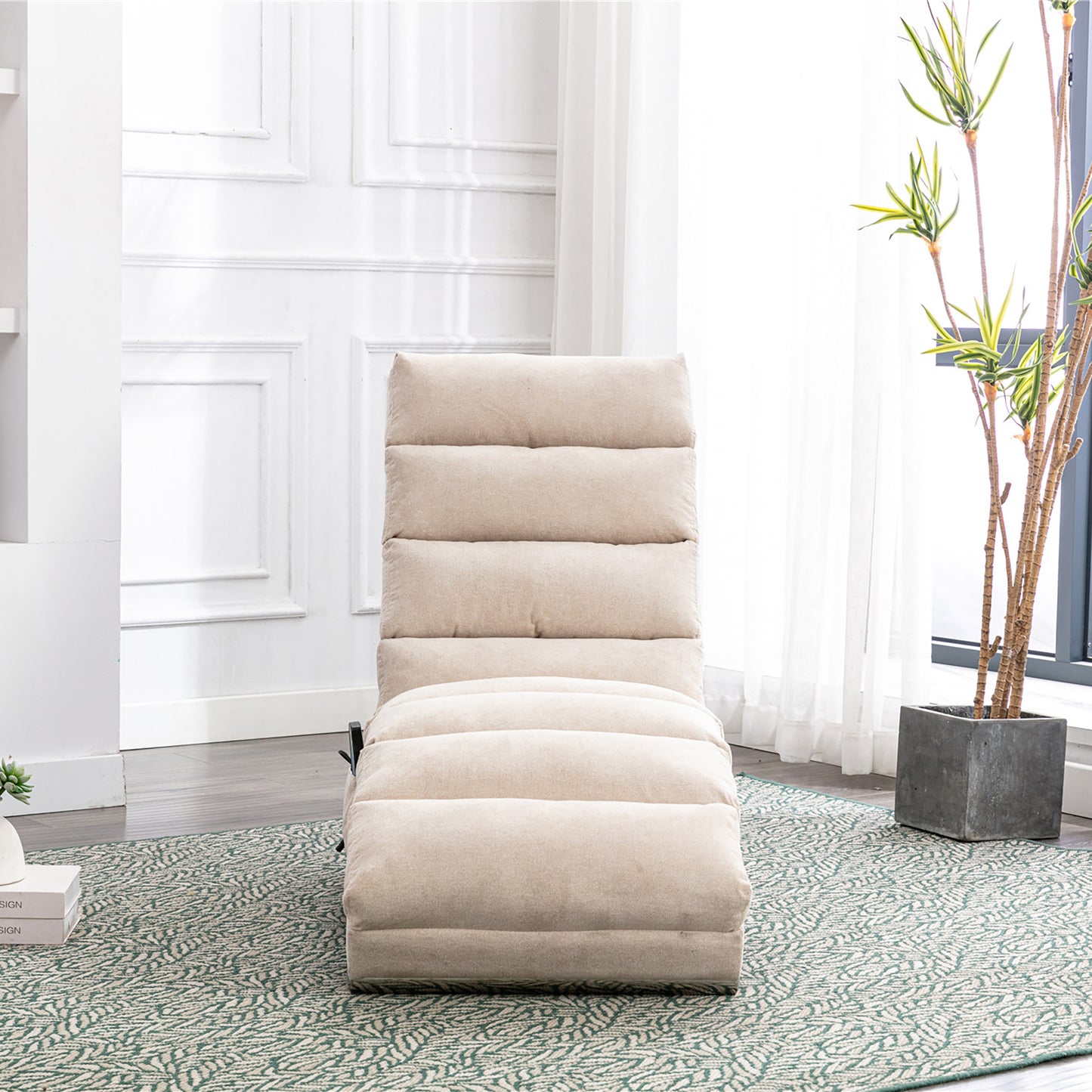 Beige upholstered floor chair with plush cushions and adjustable backrest