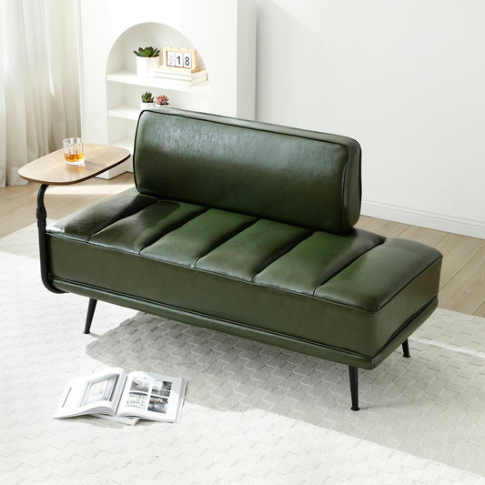Deep green faux leather loveseat with channel tufting and slim black legs