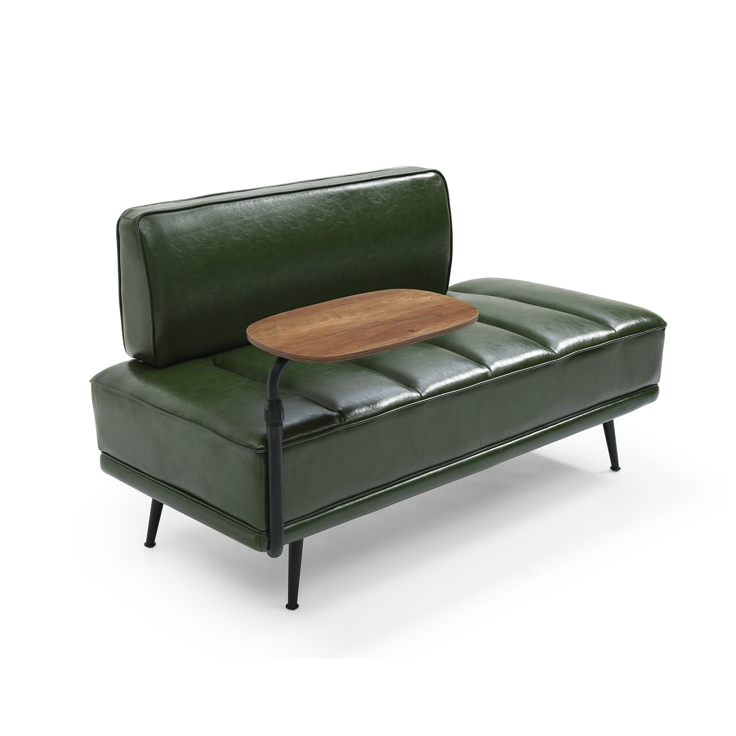 Green faux leather loveseat with a builtin wooden side table for modern living rooms