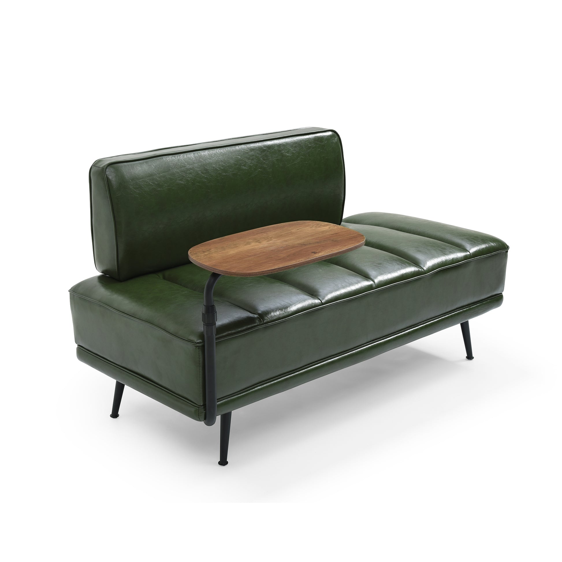 Green faux leather loveseat with a builtin wooden side table for modern living rooms